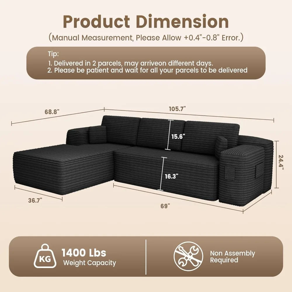 105" Modular Sectional Sofa with L-Shaped Chaise - Corduroy Fabric, Cloud Sectional Couches for Living Room & Home Office, Memor