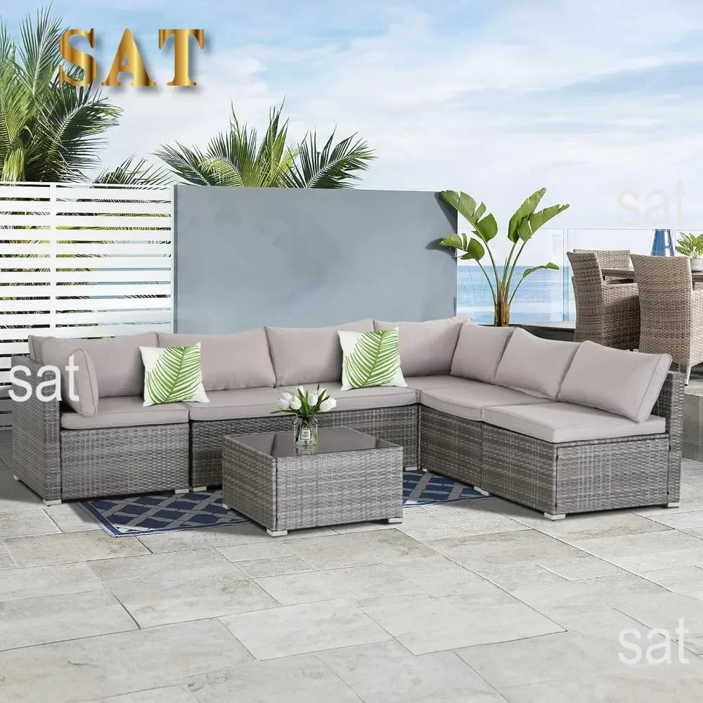 y 7-piece courtyard furniture set, modular wicker outdoor segmented sofa, PE wicker outdoor setL  W   H  28.5*25.6*25.6 inch