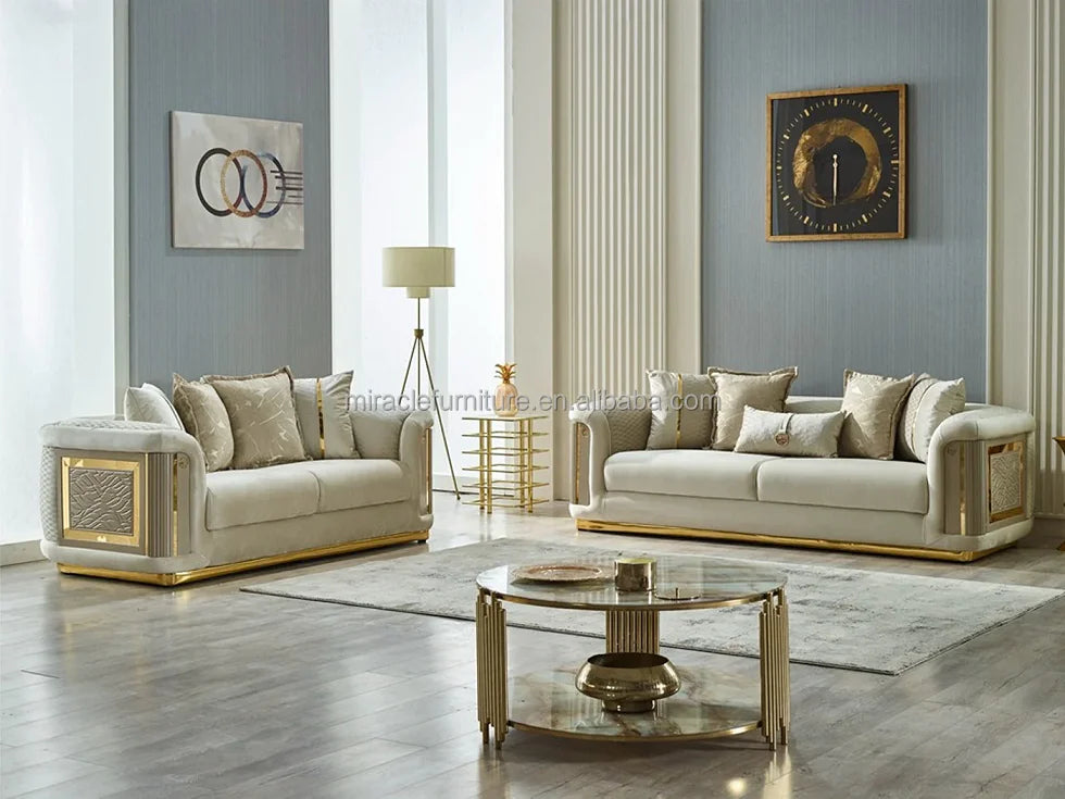 -Modern Luxury Comfortable Living Room Sofa Set Stainless Steel Seat Velvet Sofa Home Hotel Living Room Furniture