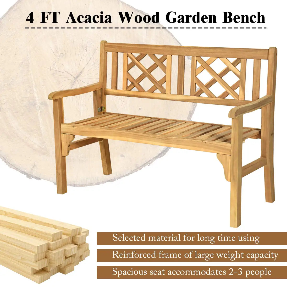 2-Person Teak Garden Bench with Comfortable Armrests, Backrest, and Slatted Seat, Supports 800 lbs, Ideal for Patio, Porch, or P