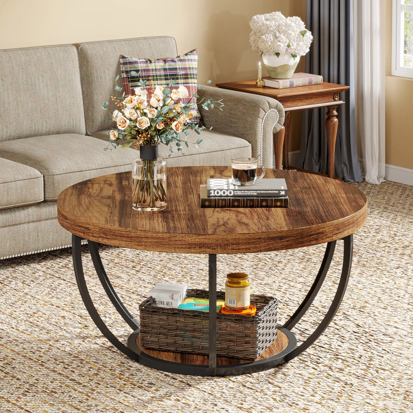 Tribesigns 31.7" Round Coffee Table, Industrial 2-Tier Circle Coffee Table with Storage Shelves, Modern Wooden Sofa Side Table