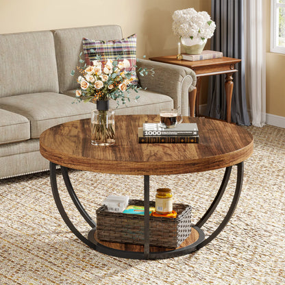 Tribesigns 31.7" Round Coffee Table, Industrial 2-Tier Circle Coffee Table with Storage Shelves, Modern Wooden Sofa Side Table