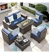 QAZ8-7 Piece Patio Furniture Set Fire Pit Table. Outdoor Conversation Sets Wicker Rattan Sectional Sofa with Coffee TSZ