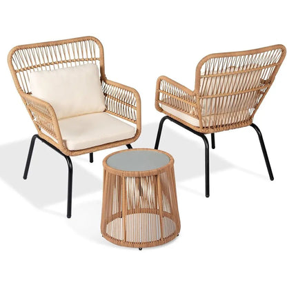 3-Piece Outdoor Wicker Bistro Set with 2 Rattan Chairs and Tempered Glass Table for Patio, Balcony, Poolside, and Backyard in Be