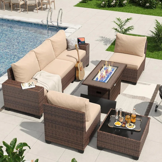7 Pieces Patio Furniture Set with 44” Fire Pit Table Wicker Rattan Sectional Conversation Set with Coffee Table and 4”