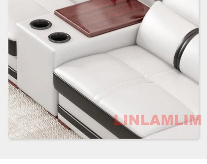 Modern U-Shaped Sectional Sofa with Chaise, White Genuine Leather Couch with Cup Holders, USB – Large Living Room Furniture Set