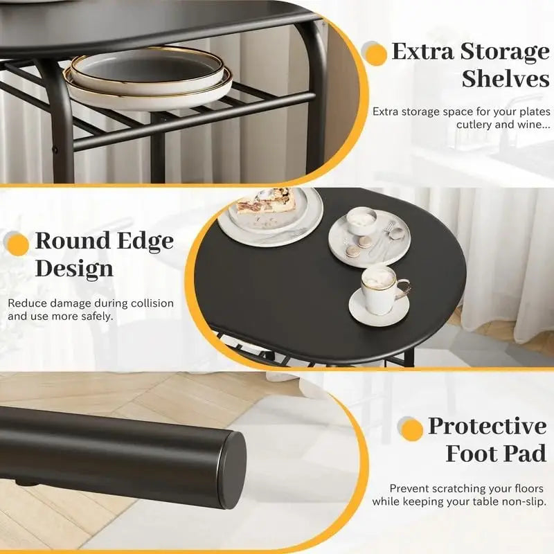 3-Piece Wooden Dining Table Set, Kitchen Breakfast Nook Sets with 2 Chairs & Round Tabletop, Space Saving Furniture Metal Frame