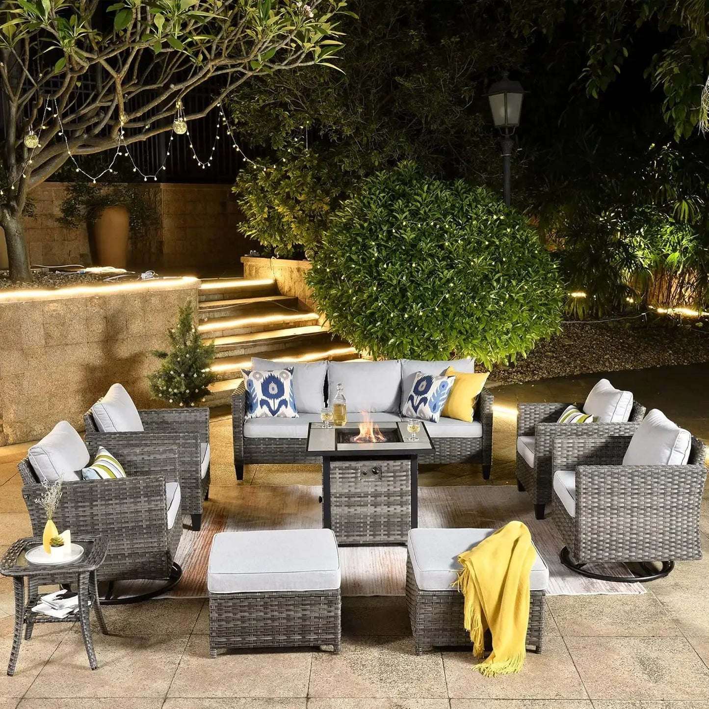 Patio Furniture Set with Fire Pit Table, Outdoor WickerSofa with Comfy Cushion, High Back Rattanfor Garden Backyard