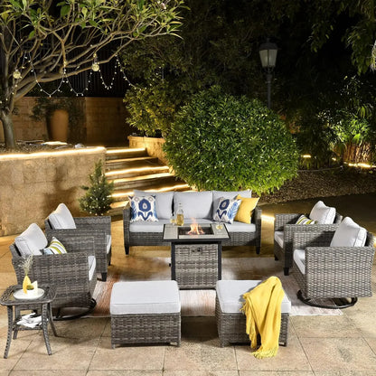 Patio Furniture Set with Fire Pit Table, Outdoor WickerSofa with Comfy Cushion, High Back Rattanfor Garden Backyard