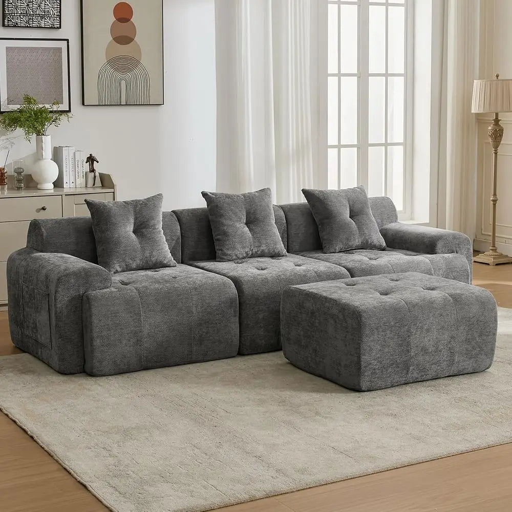 Modern Grey 3-Seater L-Shape Sectional Sofa with Movable Ottoman and Woven Texture Upholstery