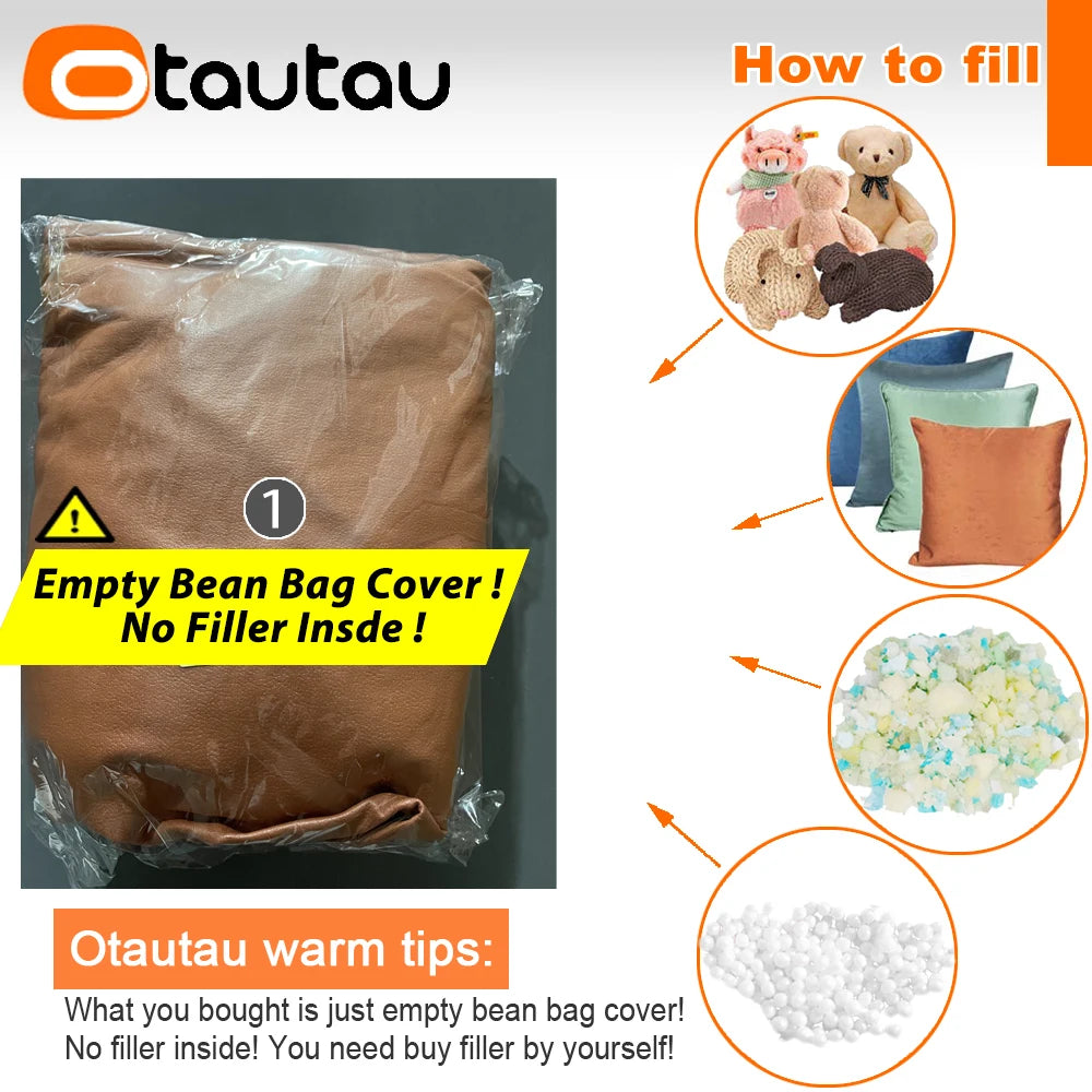 OTAUTAU 1-2 Seat Faux Leather Bean Bag Cover Couch Armchair Pouf Beanbag Cover SF433【No Filler!Need Buy Filler Yourself !】