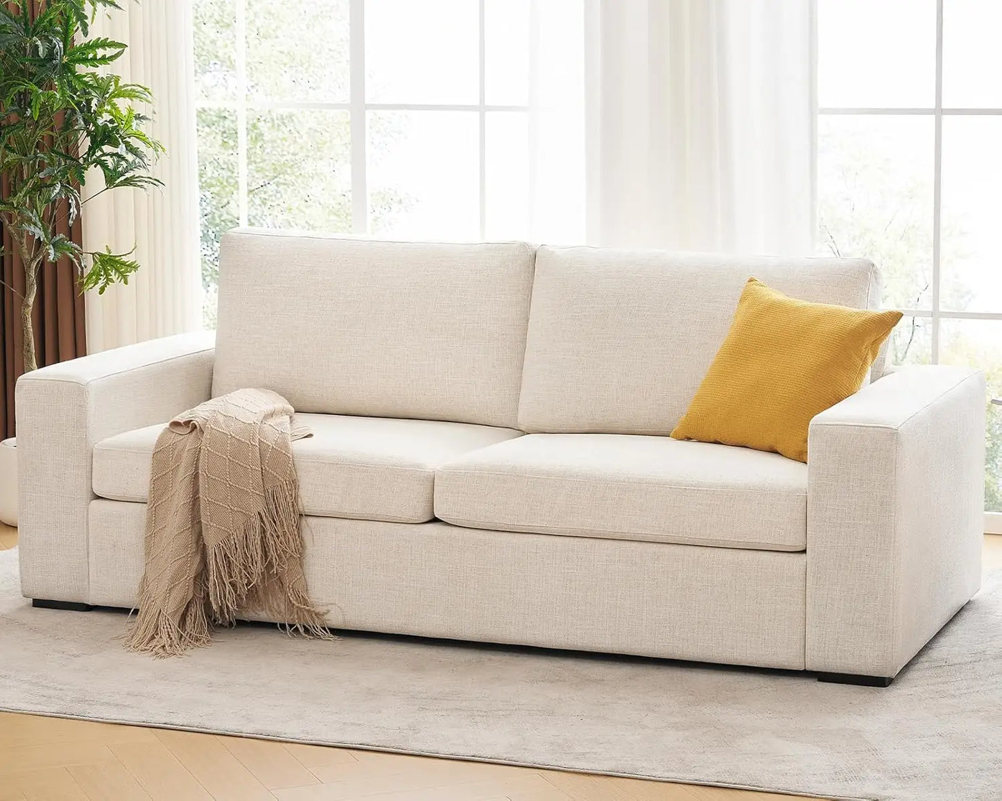 ELUCHANG 85" Modern Sofa Couches for Living Room, 3 Seater Sofa, Natural Linen Deep Seat Sofa with Upholstered Cushion
