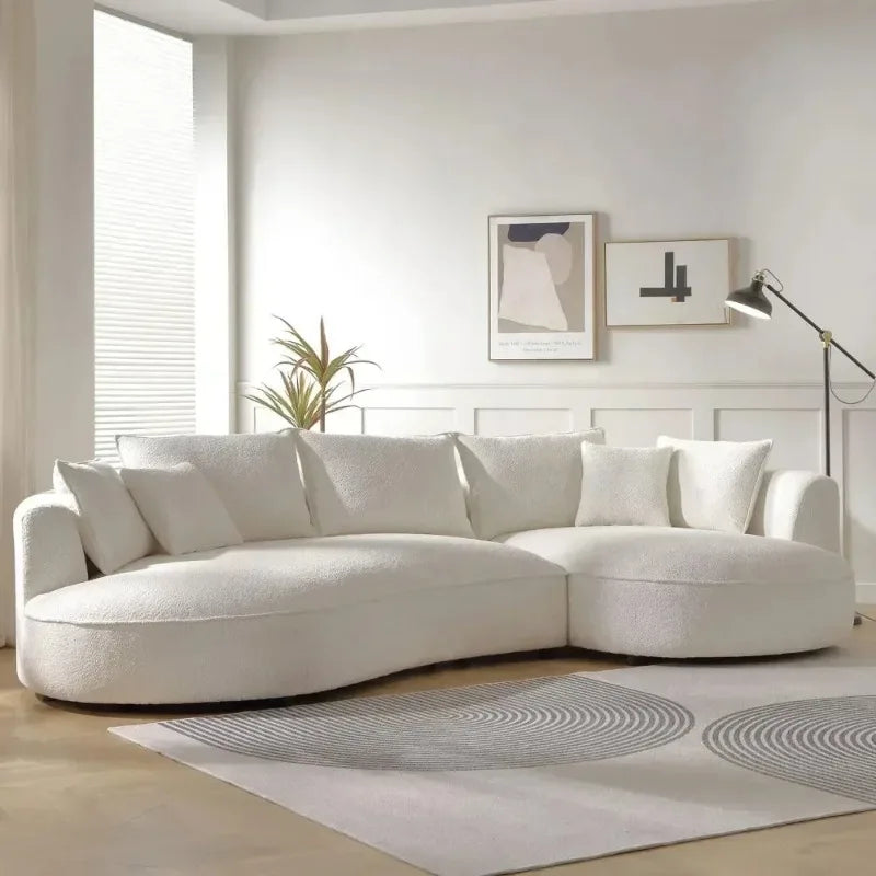Modern Curved Sofa Couch, Upholstery Boucle Sofa With Pillows, Right Hand Facing Sectional Boucle Fabric Couch