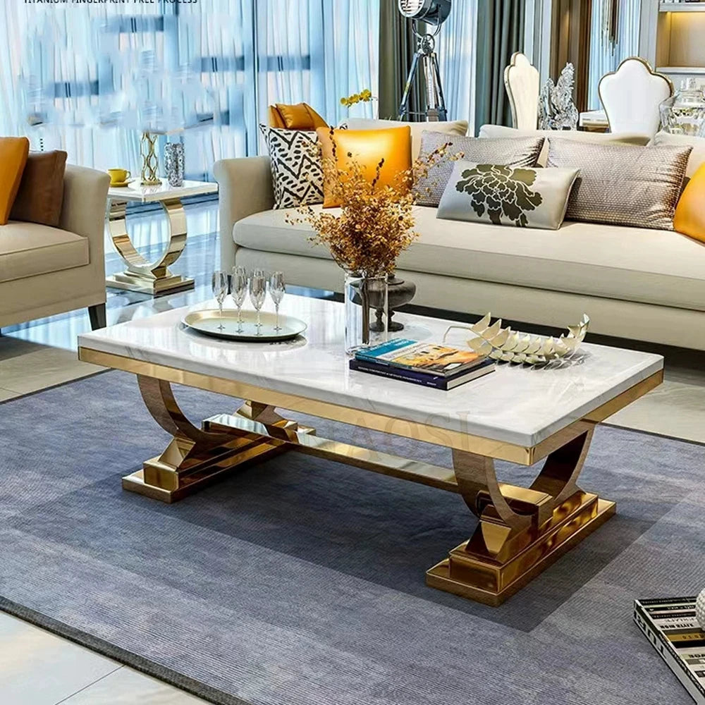 Light luxury marble coffee table stainless steel living room household gold square tea table