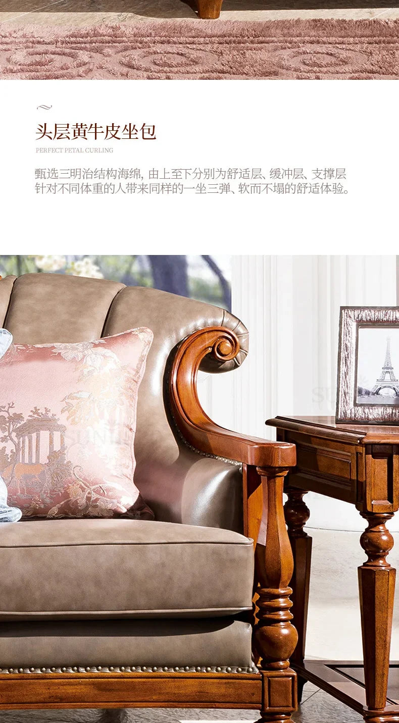 QQ132 American Style Genuine Leather Art Solid Wood Sofa Country  Light Luxury Retro European Style Combination Carved Solid Woo