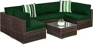Seven Piece Modular Set, Outdoor Sectional Wicker Patio, Conversation With Two Pillows, Coffee Table Cover Included