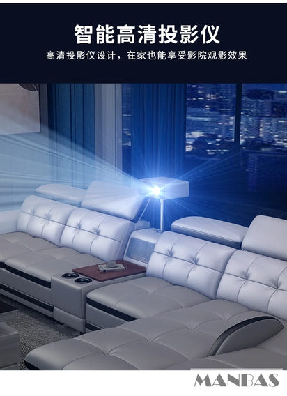 Linlamlim Luxury Genuine Leather Sectional Sofa with Adjustable Headrests, Projector, Speaker and Storage for Living Room Couch