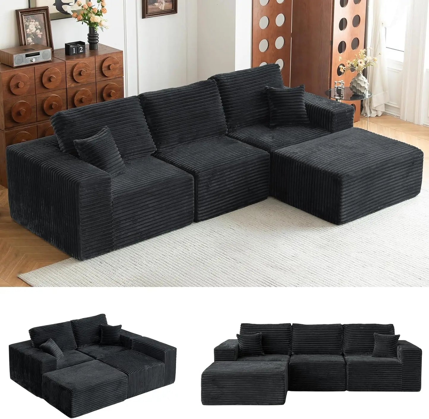 Modular Sectional Sofa Cloud Sectional Couch, 107" Comfy Fluffy L Shaped Dark Black Couches for Living Room
