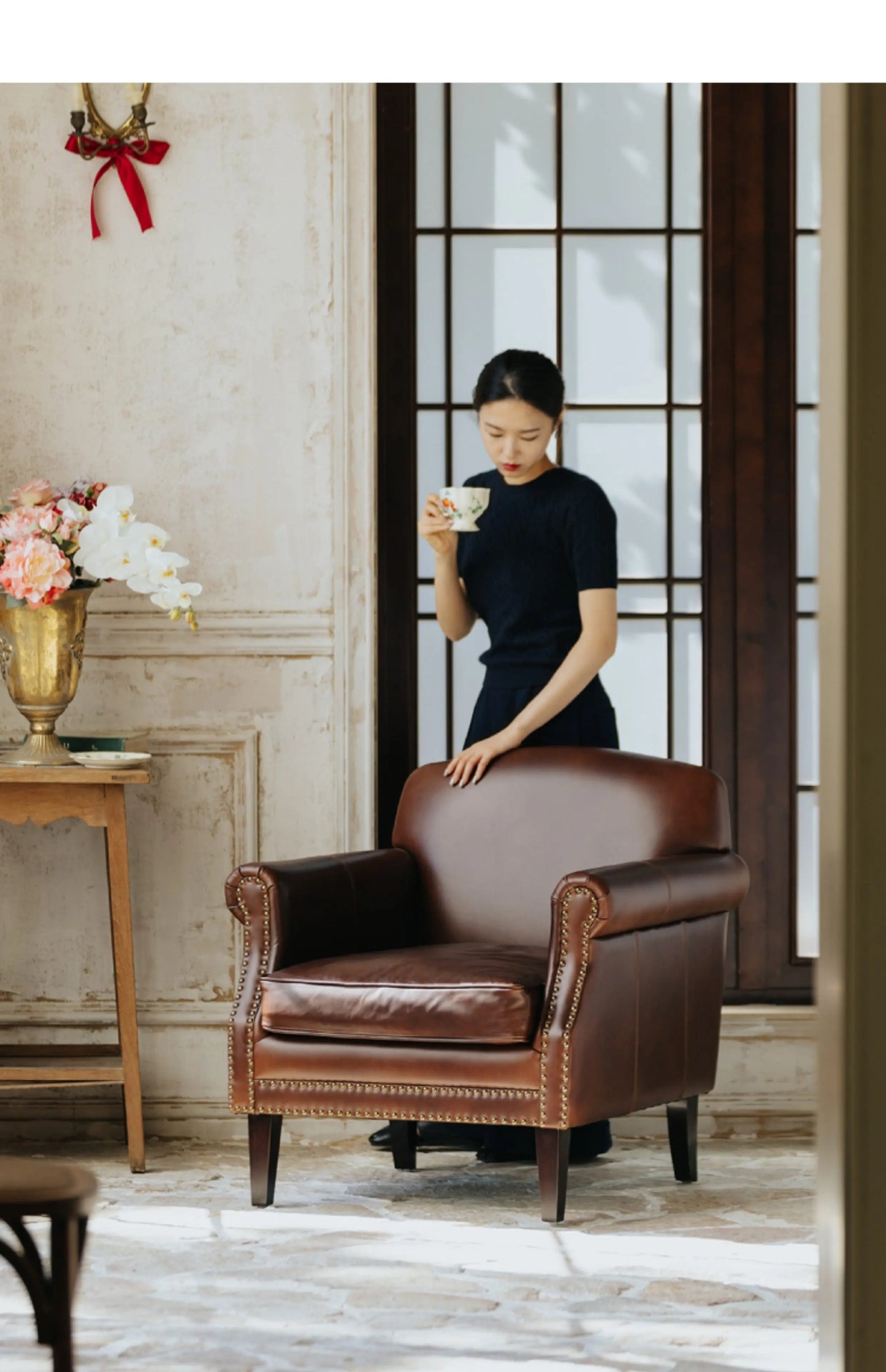Retro oil wax leather leisure chair medieval living room tiger chair American single chair