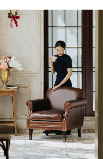 Retro oil wax leather leisure chair medieval living room tiger chair American single chair