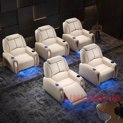 Luxury Electric Recliner Theater Seating Sofa – Modern Home Theater Chairs with LED Lighting, USB, Massage, Cooling Cup Holder