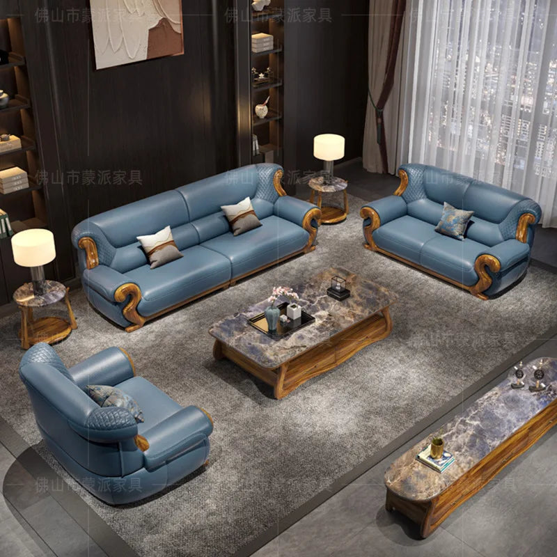 New Chinese ebony leather sofa combination first layer cowhide high-end villa living room modern solid wood sofa furniture