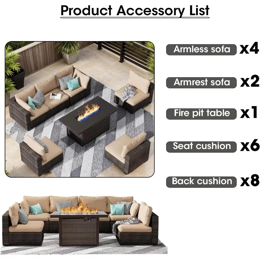7 Piece Patio Furniture Set with  Fire Pit Table Outdoor Sectional Conversation Sofa Set with Coffee Table