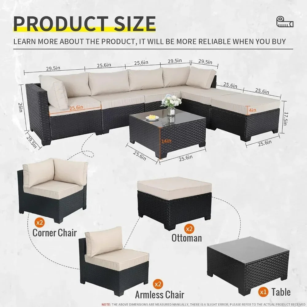 7 Pieces Outdoor PE Wicker Furniture Set Patio Rattan Sectional Conversation Sofa Set With Khaki Cushions And Glass Top Table