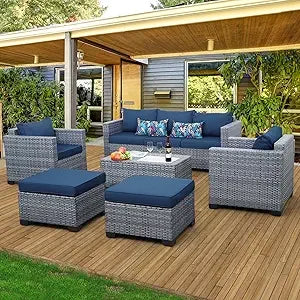 Outdoor Conversation Set PE Rattan Sectional Sofa Couch with Storage Table and Peacock Blue