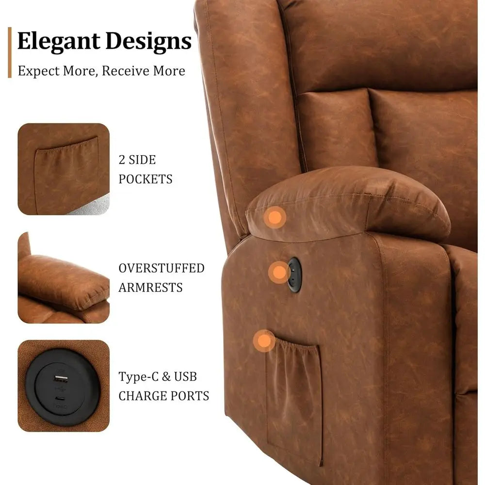 360° Swivel Recliner with Massage & Heating, Rocking Chair with Side Pockets & USB for Living Room, Nursery, or Bedroom