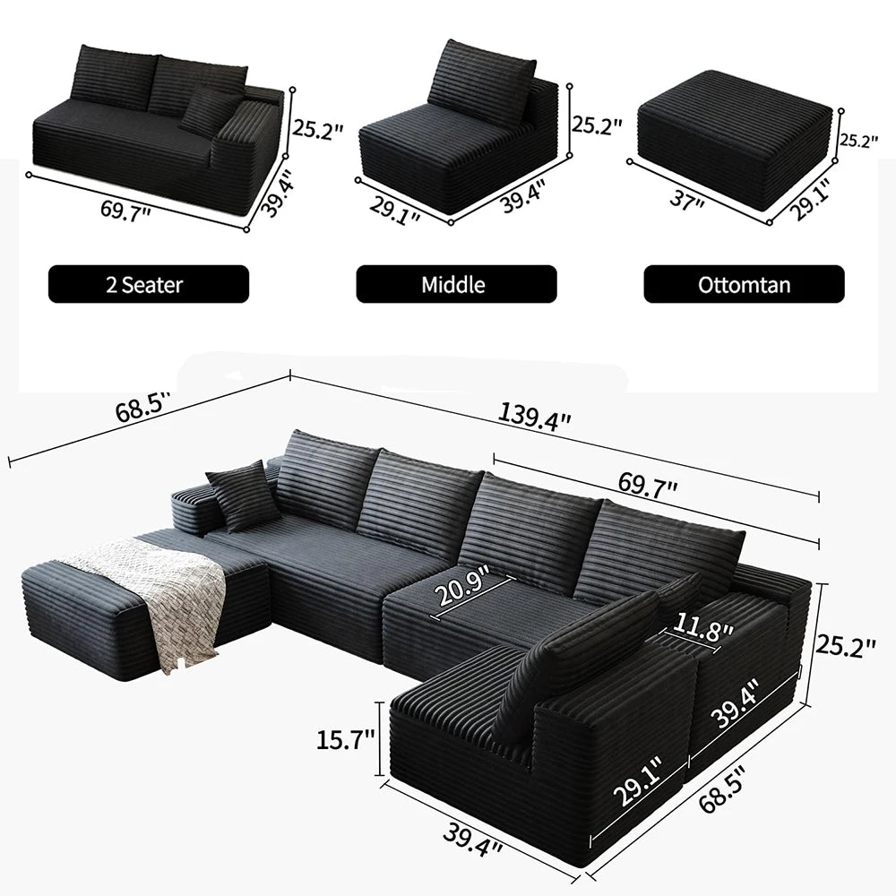 Cloud-style sectional sofa, with corduroy cover, fluffy memory foam cushions, easily assembled, modular recliner, large sofa set