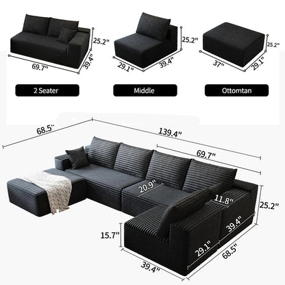 Cloud-style sectional sofa, with corduroy cover, fluffy memory foam cushions, easily assembled, modular recliner, large sofa set