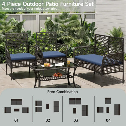 4-Piece Outdoor Wicker Rattan Furniture Set with Chairs, Coffee Table, and Cushions for Modern Patio Conversation