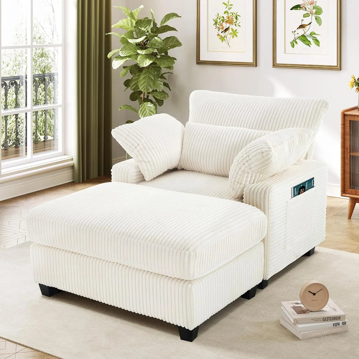 Indoor Chaise Lounge Chair, 57.52 “D Recliner, Corduroy Fabric + Upholstered Comfort Sofa for Living Room, Bedroom, Office