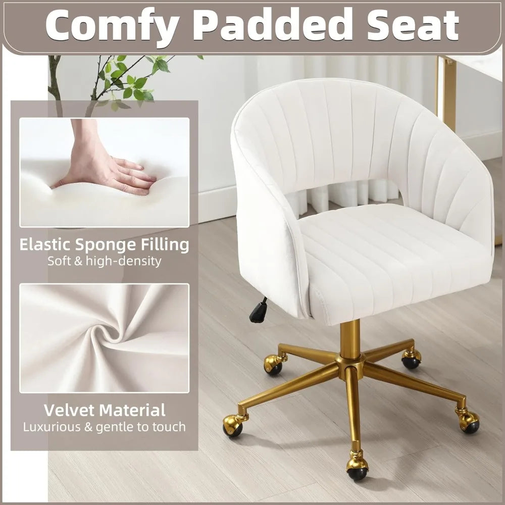 Desk Chair with Wheels, Velvet Home Office Chair, Swivel Armchair Gold Base, Upholstered Modern Accent Chairs, Back Incline