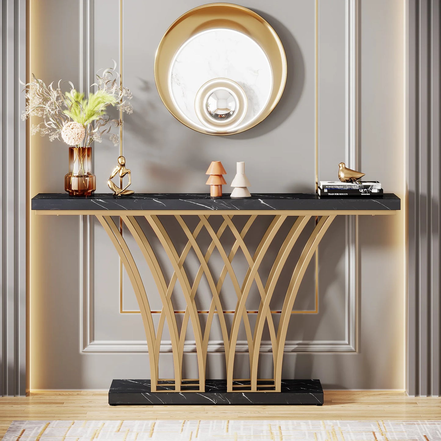 Tribesigns 59 inch Gold Console Table, Modern Entryway Table with Grid-Shaped Metal Base for Entrance, Hallway, Entryway