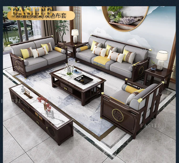 New Chinese-style solid wood sofa combination modern simple Zen Chinese style living room concubine corner wooden light luxury