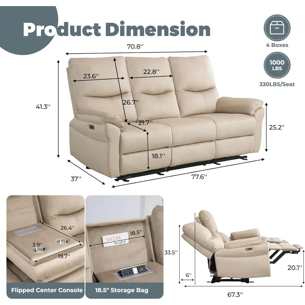 Power Reclining Sofa 3-Seater with Table, Cup Holder & Storage