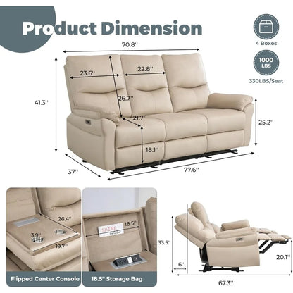 Power Reclining Sofa 3-Seater with Table, Cup Holder & Storage