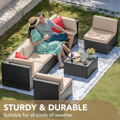 Sectional Sofa Patio Furniture Sets Manual Weaving Wicker Rattan Patio Conversation Sets with Cushion and Glass Table