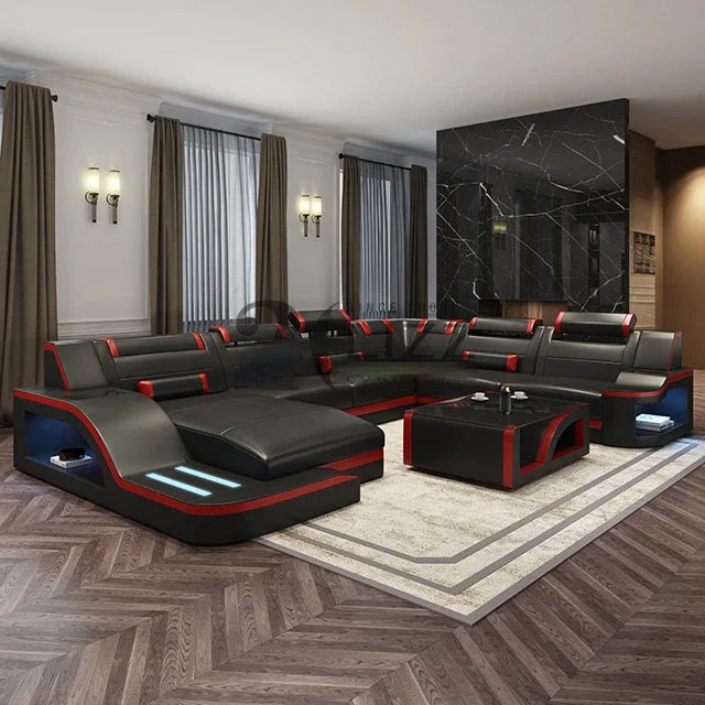 Living Room Leisure Sectional Black Leather Sofa Furniture Set