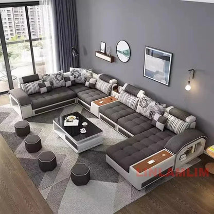 Customizable U-Shaped Sectional Fabric Sofa Set - Modern LivingRoom Furniture with Storage, Built-in Side Table, USB,andCushions