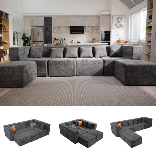 130" Oversized Modular Sectional Sofa for Living Room Furniture, Chenille Cloud Couch with Ottomans, Dark Gray