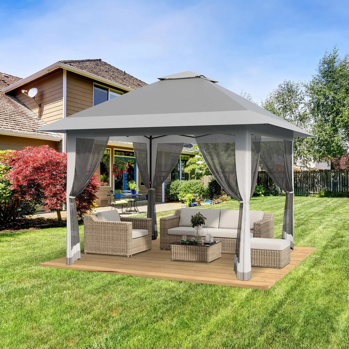 13x13Ft Pop Up Canopy Tent, One Push Setup Outdoor Gazebo With Mosquito Netting, Waterproof UV Protection Instant Shade Shelter