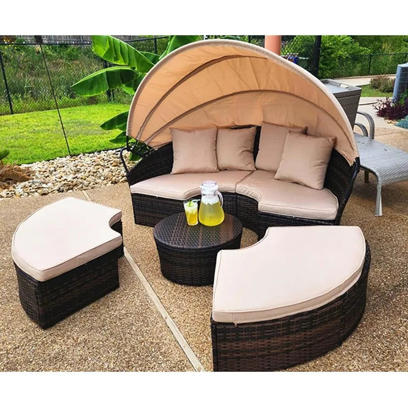 Outdoor Patio Round Daybed with Retractable Canopy, Brown Wicker Furniture Sectional Couch with Washable Cushions, Back