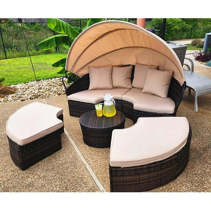Outdoor Patio Round Daybed with Retractable Canopy, Brown Wicker Furniture Sectional Couch with Washable Cushions, Back