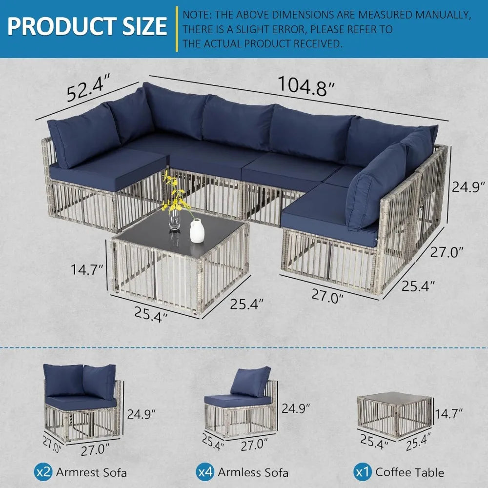 7 Pieces Outdoor Patio Furniture Set, Wicker Outdoor Sectional Conversation Couch Set with Adjustable Backrest Sofa