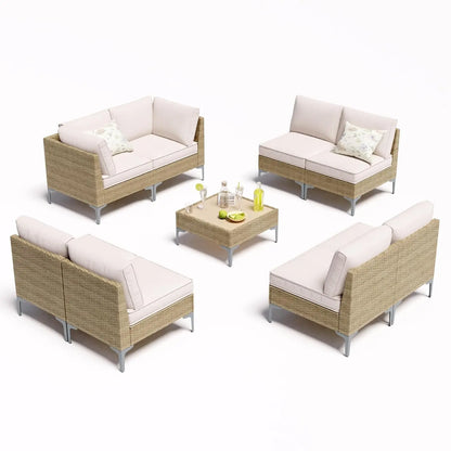 9-Piece Outdoor Patio Furniture Set, All-Weather Wicker Sectional Sofa with Coffee Table & Thick Anti-Slip Cushions, Customized