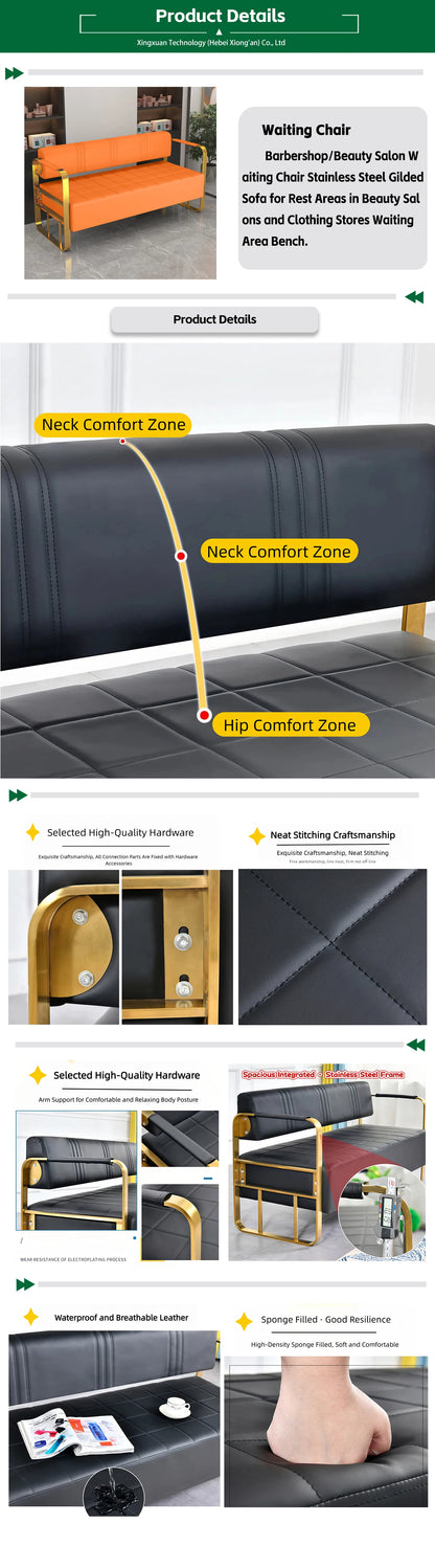 Professional Barber Shop Durable Gold Plated Leather Modern Salon Commercial Mall Waiting Sofa Bench Comfortable Lobby Chair