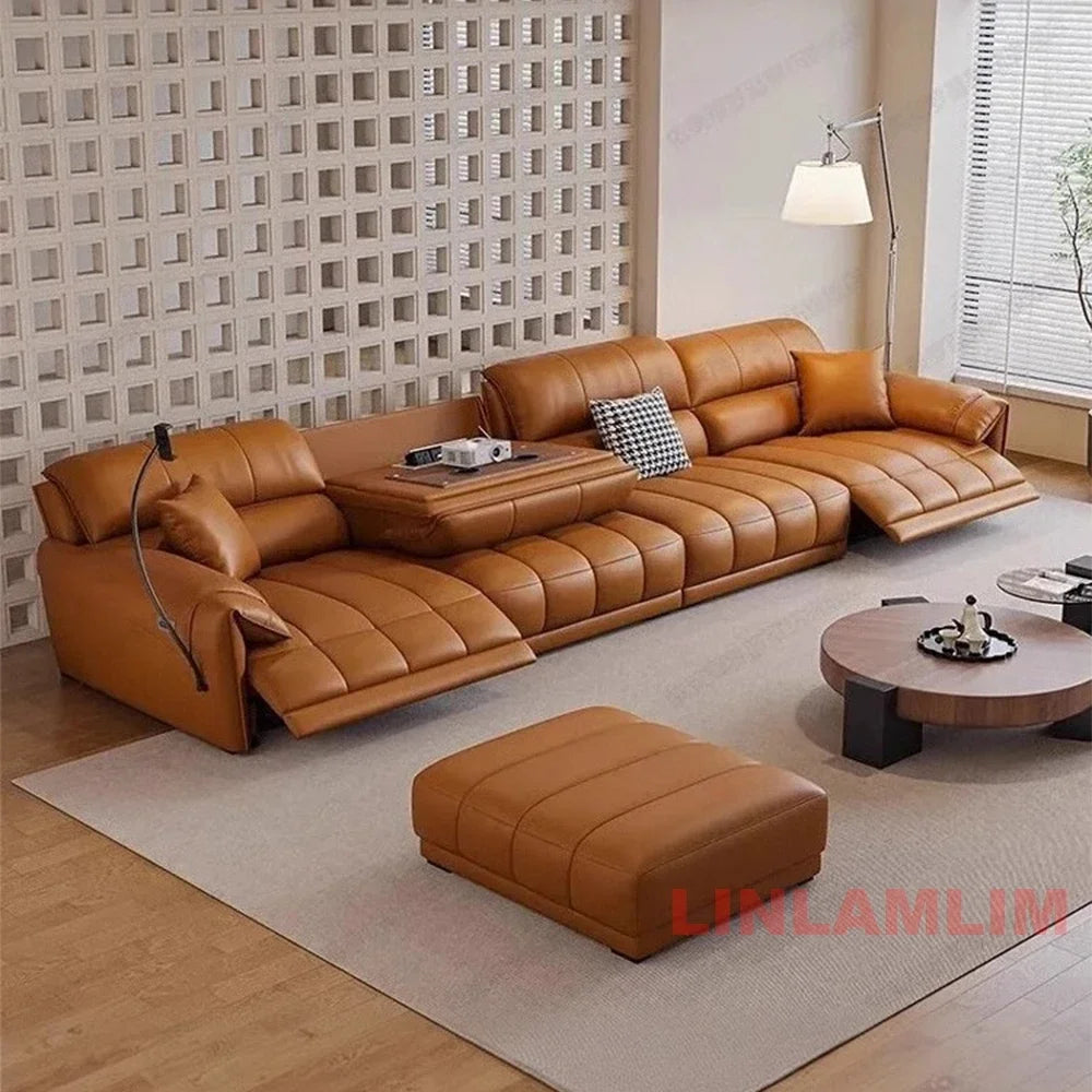 Modern Electric Reclining Sofa with Adjustable Footrest, USB, and Foldable Center Console – Italian Genuine Leather Power Sofa